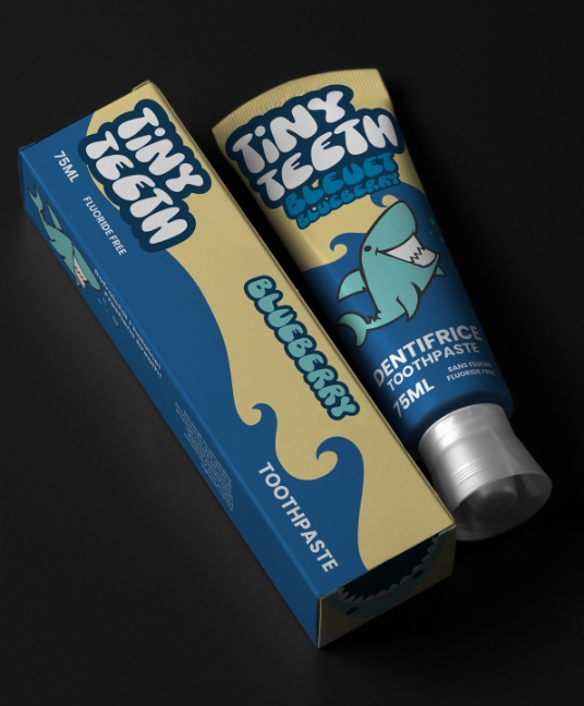 Mock up of a tooth paste packaging named Tiny Teeth